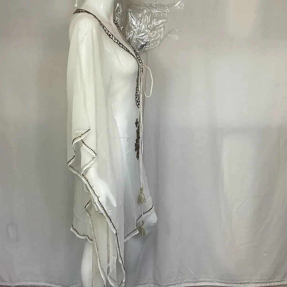 NEW Le Soleil Miami White Brown 100% Silk Tassel Front Tunic Dress Size S/M